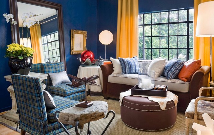 Blue and yellow living room curtains