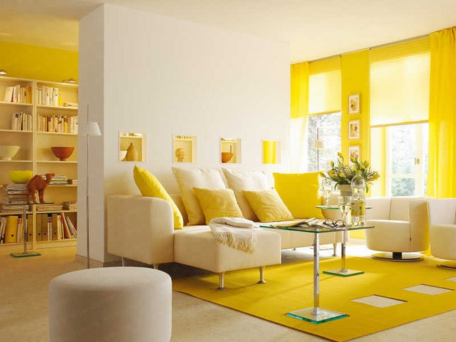 Living room with yellow curtains
