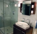 Glass subway tile in bathroom
