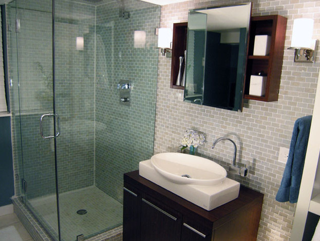 Glass subway tile in bathroom