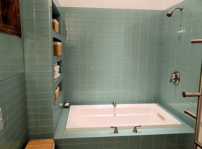 Glass tile subway tile bathroom