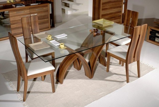 Solid wood dining table with glass top