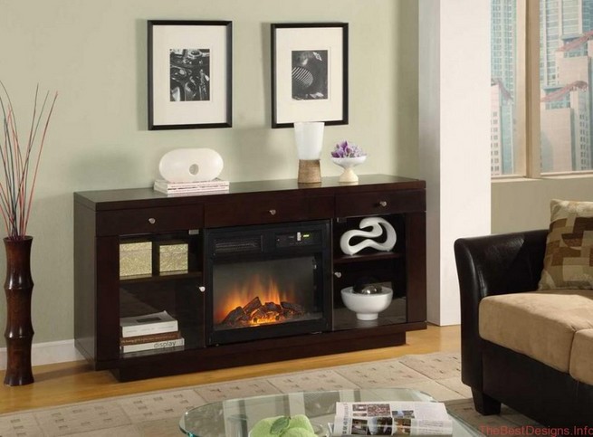 Electric Fireplace TV Stand Teak Minimalist